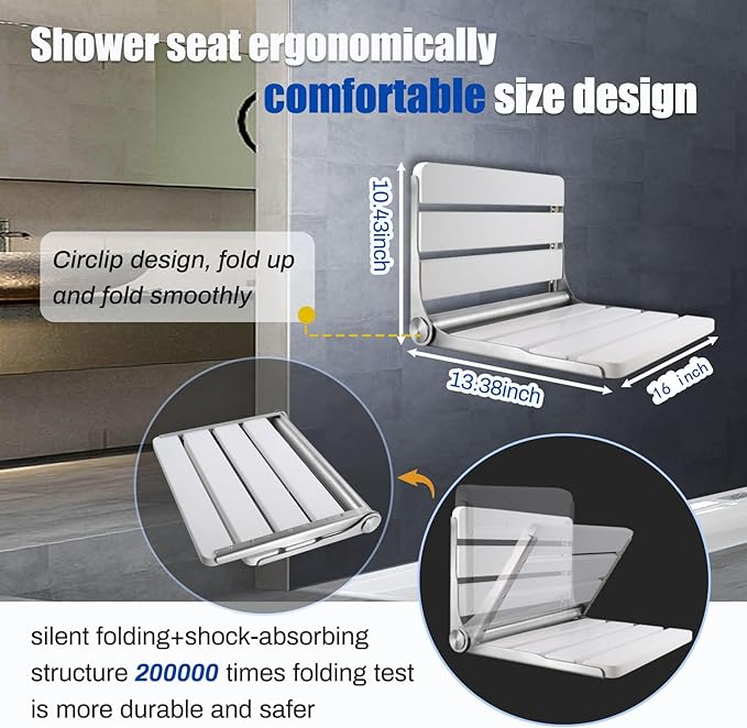 16 Inchs Foldable Shower Seat Wall Mounted, Folding Shower Seat for Adults, 400lbs Max Load for Inside Shower, Small Shower Spaces (White)