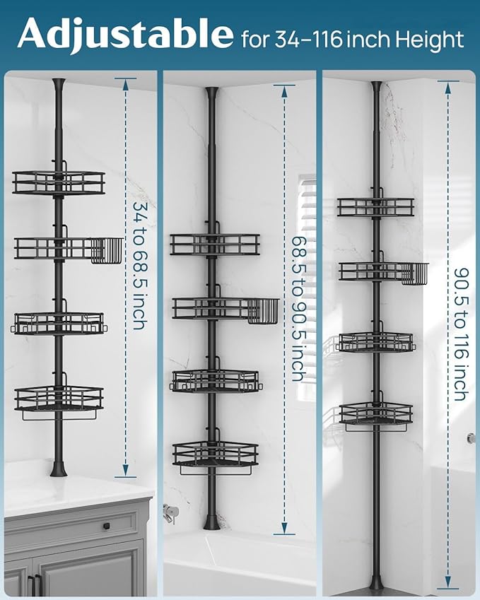 SEIRIONE Corner Shower Caddy Tension Pole, Quick Setup, Rust-Free Bathroom Shower Organizer Corner for Bathtub Shampoo Storage, 4-Tier Adjustable Shelf, Drill Free, Fits 34 to 116 Inch Height, Black