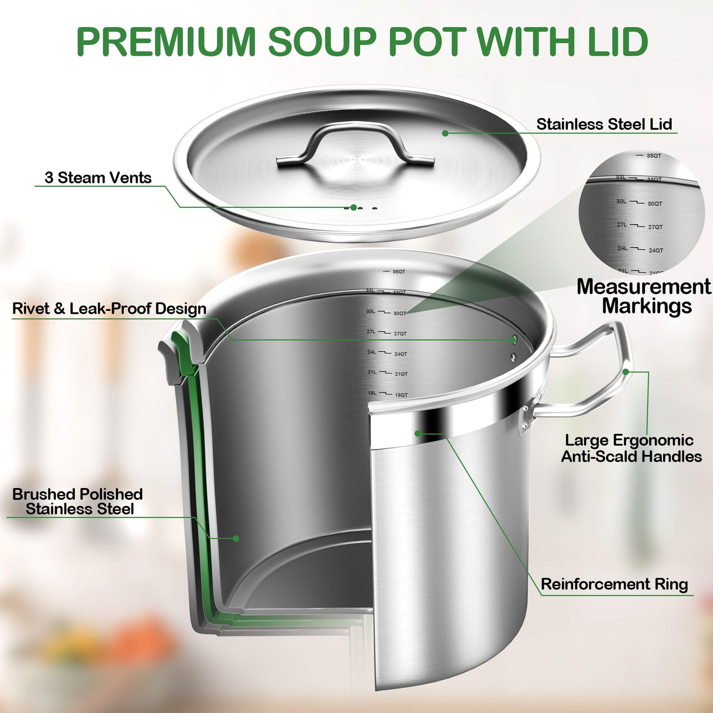 STOCKPOT 35 Quart Commercial Grade Large Stock Pot - Soup Pot with Lid - Non-Nickel Stainless Steel - Healthy Cookware Polished Stockpots - Heavy Duty - 8.8Gallon