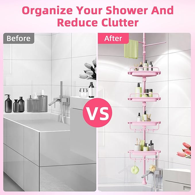32-122inch Corner Shower Caddy Tension Pole Pink, Rustproof Drill-Free Shower Shelves for Bathroom Bathtub Washbasin, Adjustable Shower Organizer with 4 Tier Patent Stable Shelves & Towel Bars