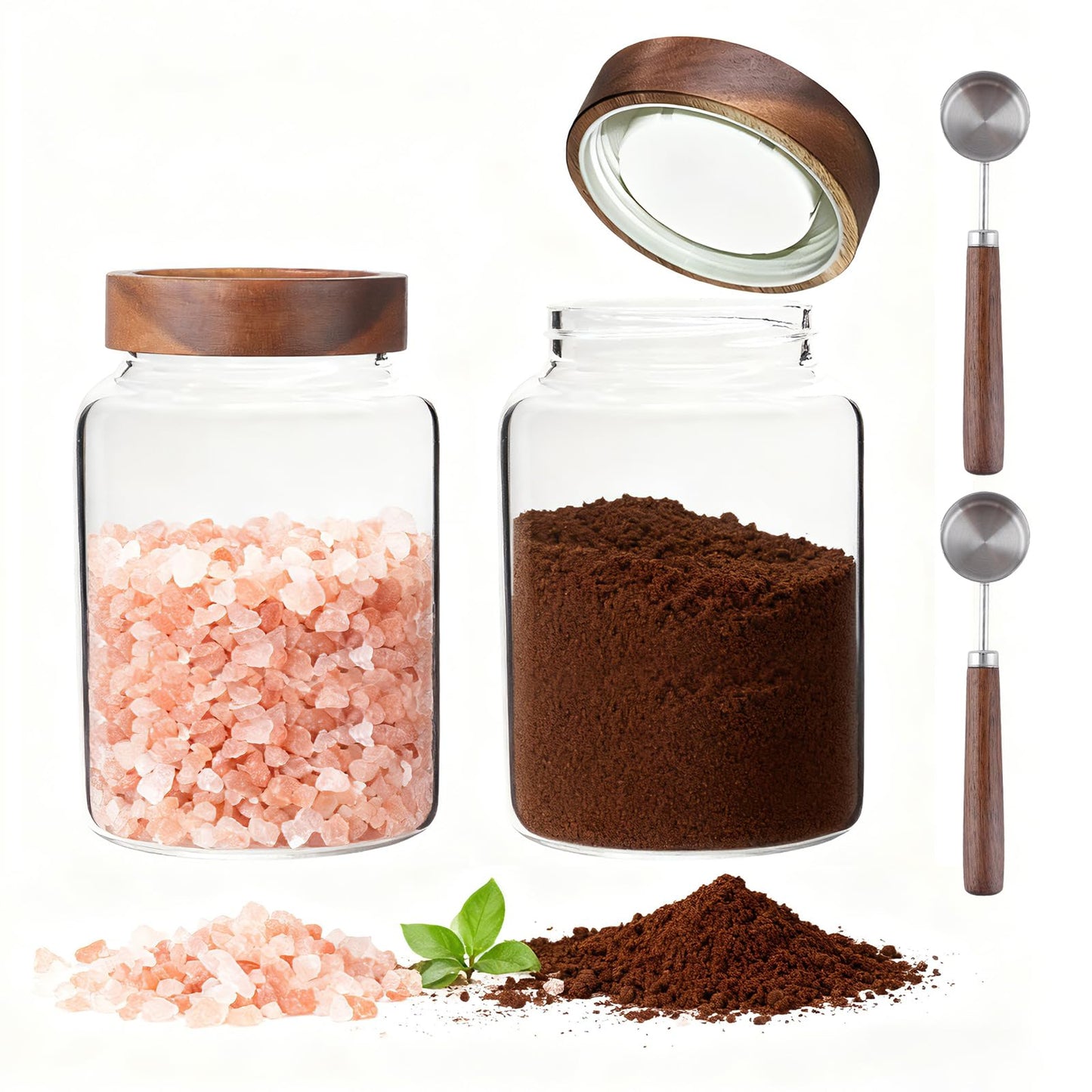 Patoper Airtight Glass Jars with Wooden Lid Glass Spice Jar Round Glass Storage Canister for Pantry Sugar Tea Coffee Bean Nuts Cookies Bath Salts (900ML*2PACK)