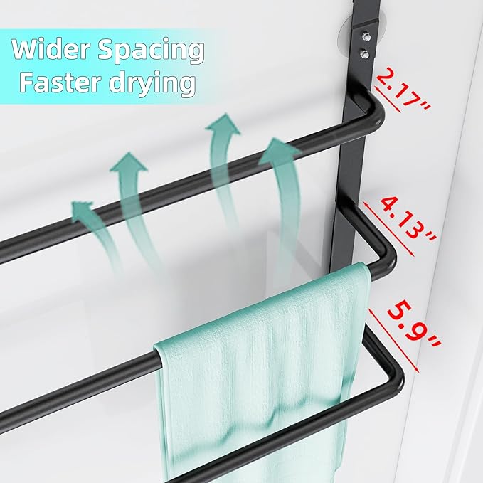 Over The Door Towel Rack, 304 Stainless Steel Towel Rack, 3 Tier Towel Bar for Hanging Towels, 16 Inch Over Door Towel Storage Holder for Bathroom, Matte Black