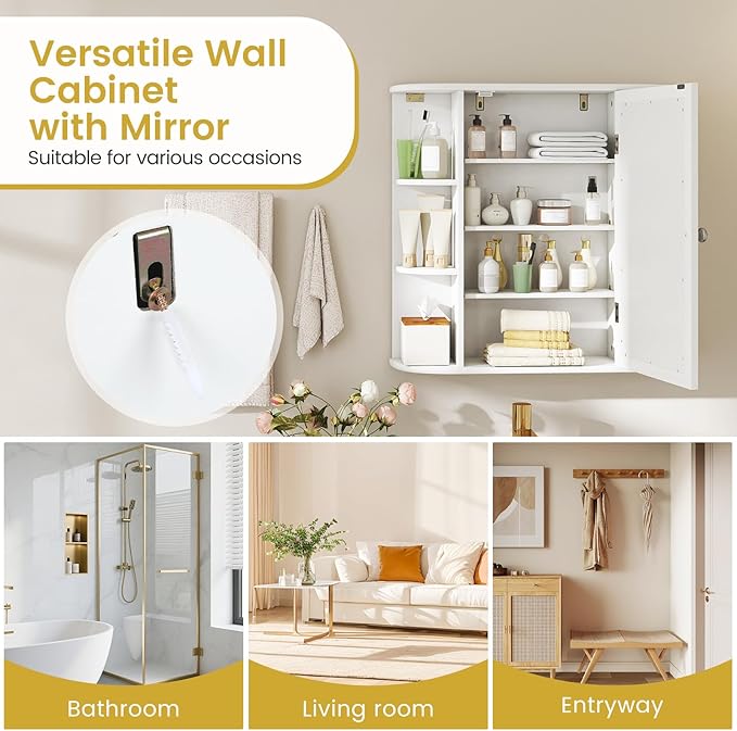 Tangkula Bathroom Medicine Cabinet with Mirror, Modern Wall Mounted Space-Saving Storage Organizer with Mirrored Door, 4 Internal Shelves & 6 Open Side Shelves, Bathroom Wall Cabinet (White)