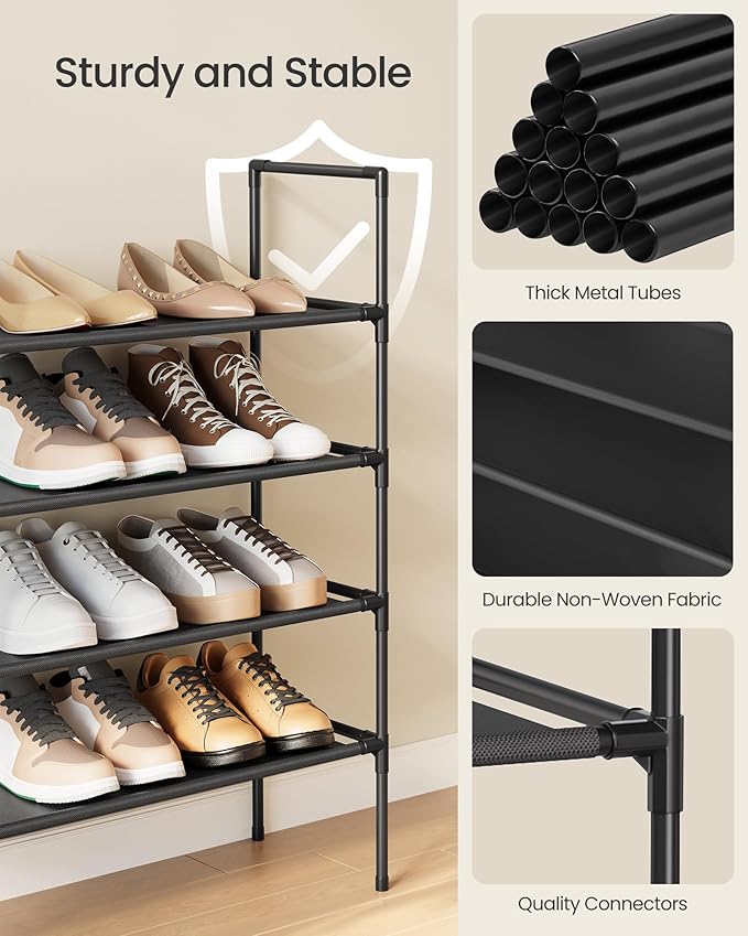 SONGMICS 4-Tier Shoe Rack, Shoe Storage for Hallway Closet, Slim and Space-Saving, Metal Frame, Non-Woven Fabric Shelves, Black ULSH044BH02