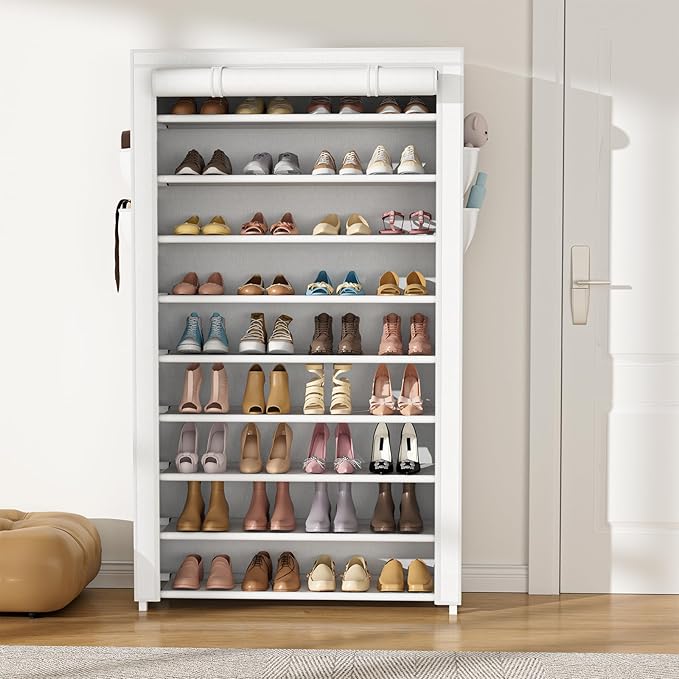 Shoe Rack with Cover Narrow Shoe Organizer with Pockets 10 Tier Tall Shoe Storage Holds 36-41 Pairs Shoes and Boots Shoe Rack for Closet Entryway Garage, White