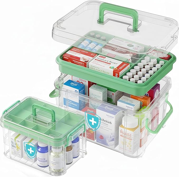 2 Pack Clear Medicine Organizer Box with Handle, Plastic Medicine Container with Tray First Aid Box Empty, Thickened Medicine Storage Organizer Multipurpose Medication Organizer Storage