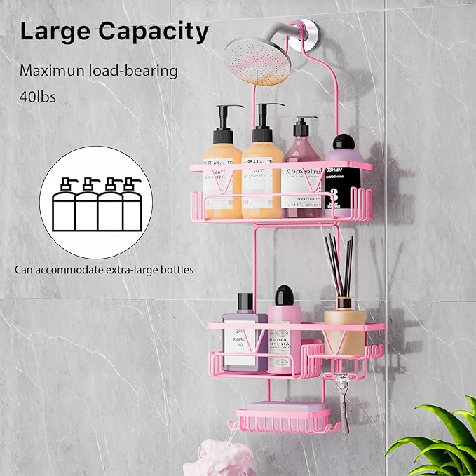 Hanging Shower Caddy Over Shower Head, Anti-Swing Shower Organizer For Inside Shower With 2 Soap Holders, Multi Hooks, Rustproof Bathroom Accessories, Pink
