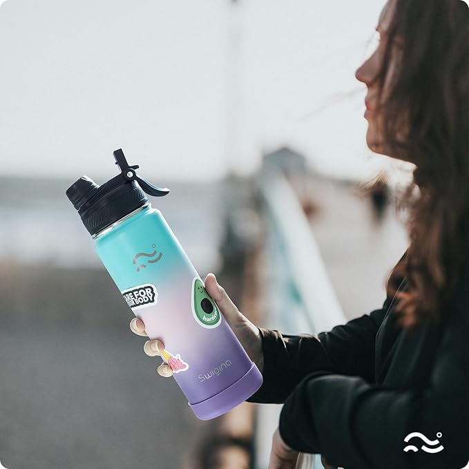 [2-IN-1 LID] Insulated Water Bottle with Silicone Boot (36hrs Cold/18hrs Hot) - DIY Stickers, Leakproof, BPA Free, 24 oz