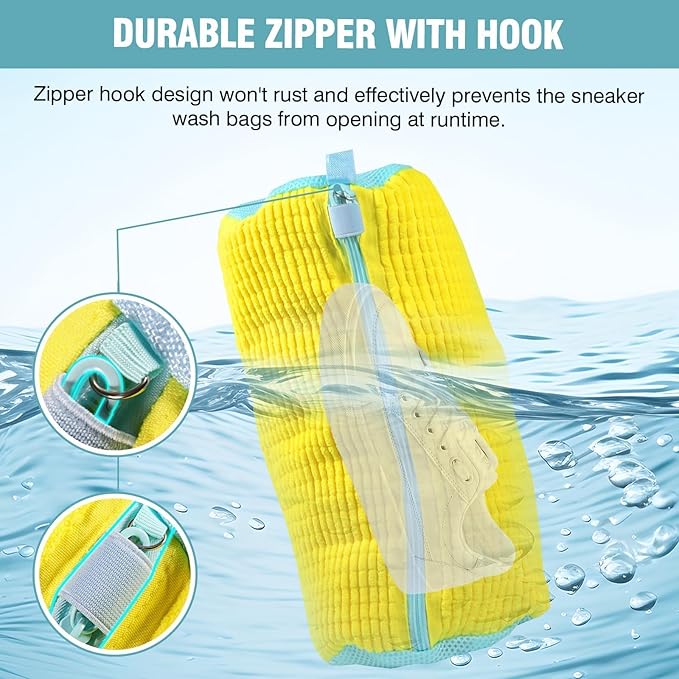 Shoe Washing Machine Bag, Shoe Laundry Bag for Washer and Dryer, Include Dry Net Bag, Reusable and Durable Zipper with Hook Design, Shoe Washing Bag for Sneaker (Yellow, 2 Pack)