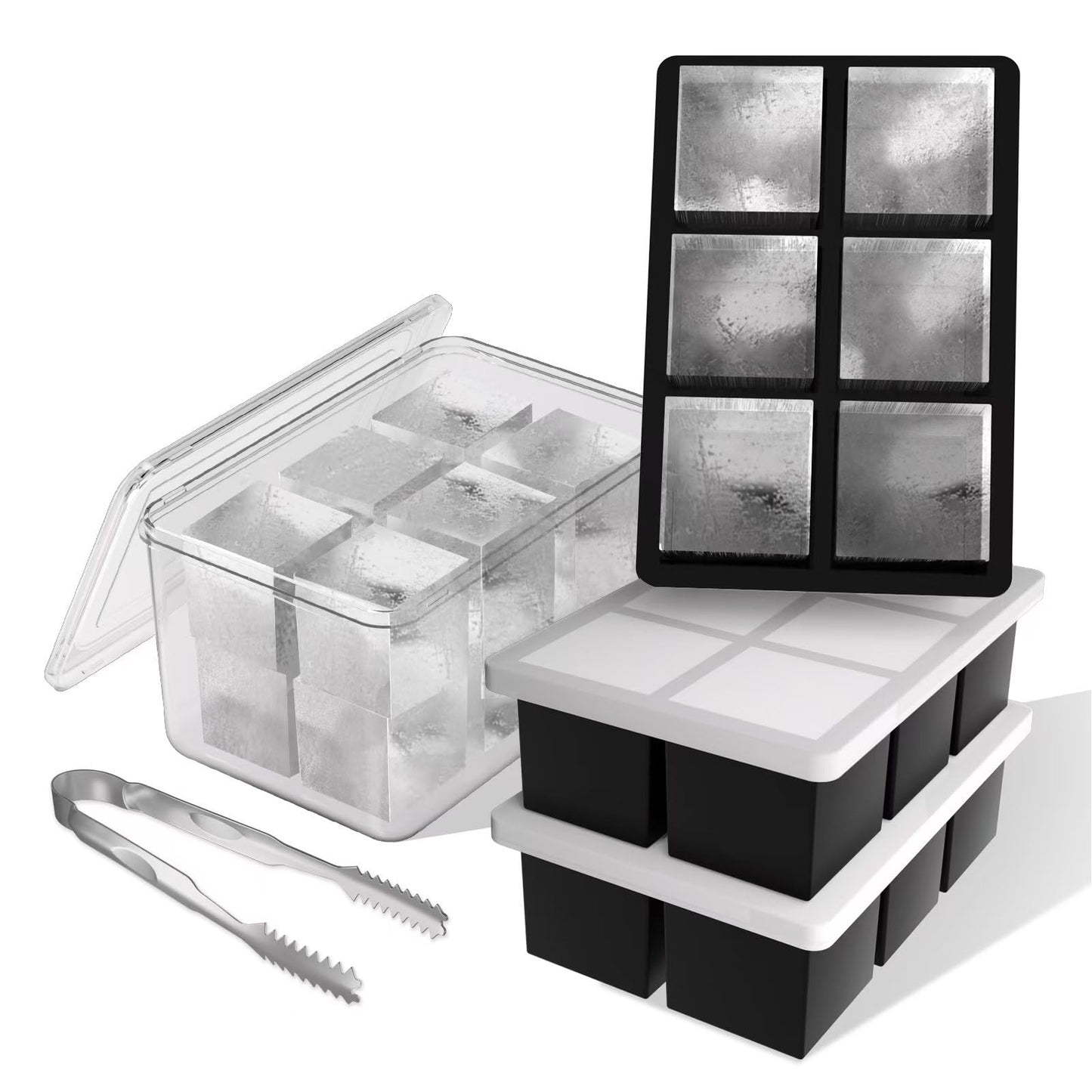 Samuelworld Large Ice Cube Tray with Lid and Bin: 2 Inch Silicone Old Fashioned Ice Cube Mold with Lid and Bin, Big Square Ice Cube Maker for Whiskey-3 Pack (With Ice Tong)