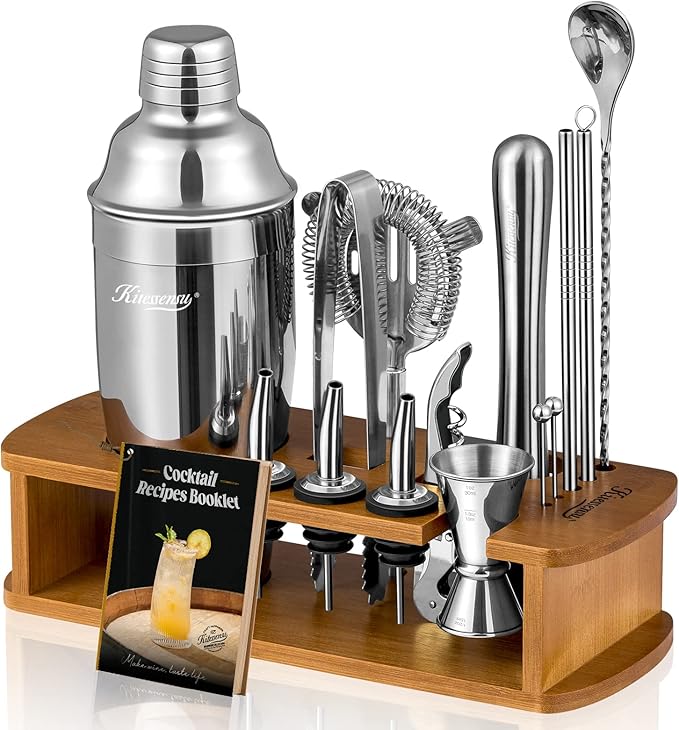 KITESSENSU Cocktail Shaker Set Bartender Kit, 6-Piece Silver Bar Set with Stand, Bar kit with Essential Bar Accessory Tools: Martini Shaker, Jigger, Strainer, Bar Spoon, Tongs, Opener