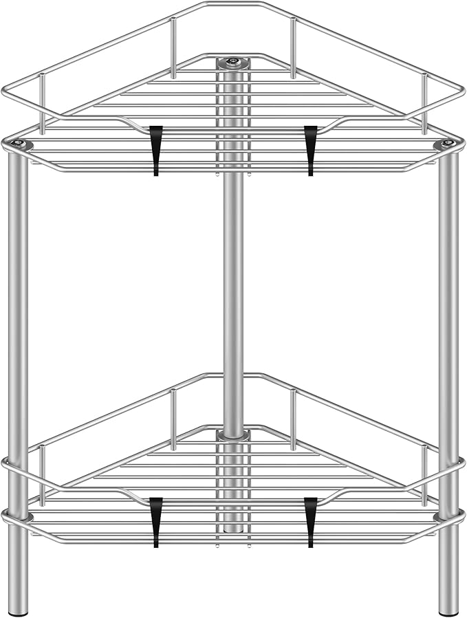 2 Tier Floor Standing Corner Shower Caddy Organizer Shelf with Hooks, Bathroom Shelves Stand Rack, Gray