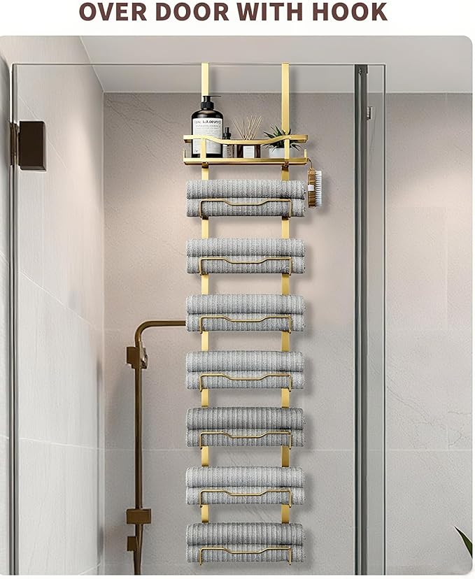 Hanging Towel Racks for Bathroom No Drill - Over The Door 8-Tier Bath Towel Storage Organizer for Small Bathrooms - Back Door Large Tiered Towel Holder Hanger for Rolled Towels RV Camper Gold