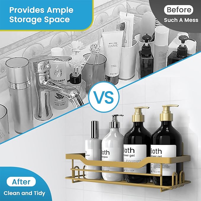 Shower Caddy Shelves Organizer Rack, Single Pack Shower Caddy, Shelves for Shampoo Soap Bathroom Waterproof Adhesive Holder, No Drilling Wall Mounted Self, Matte Gold
