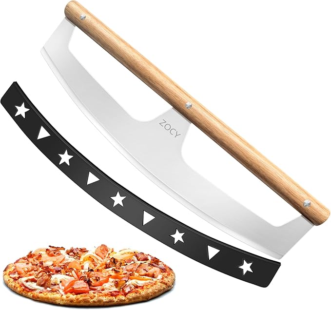 Pizza Cutter Rocker with Wooden Handles & Protective Cover by ZOCY, 14" Sharp Stainless Steel Pizza Slicer Wheel, Big Pizza Knife Cutters for Kitchen Tool (14inch)