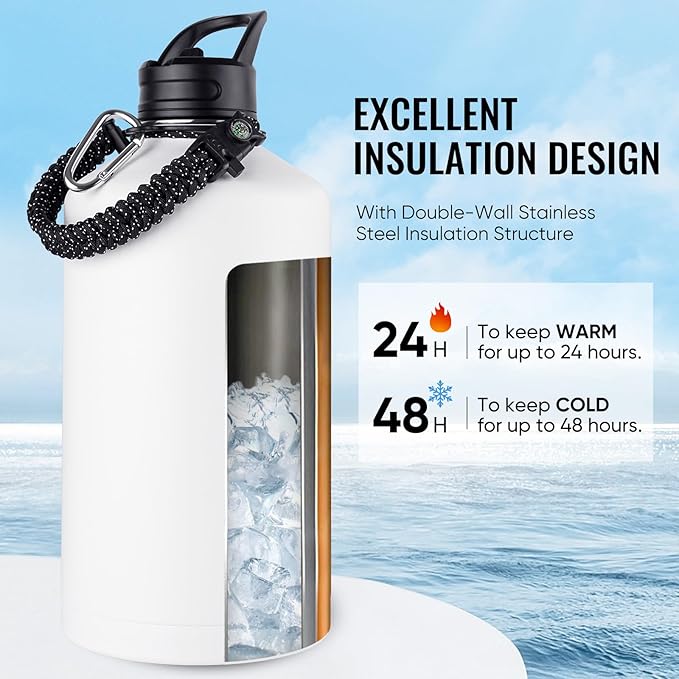 Gallon Water Bottle with 2 Lids (Straw & Spout), 304 Stainless Steel Water Jug with Handle and Wide Mouth, 1 Gallon Vacuum Double Walled Jug for Sports, Outdoors, Leak-Proof, White 128 oz