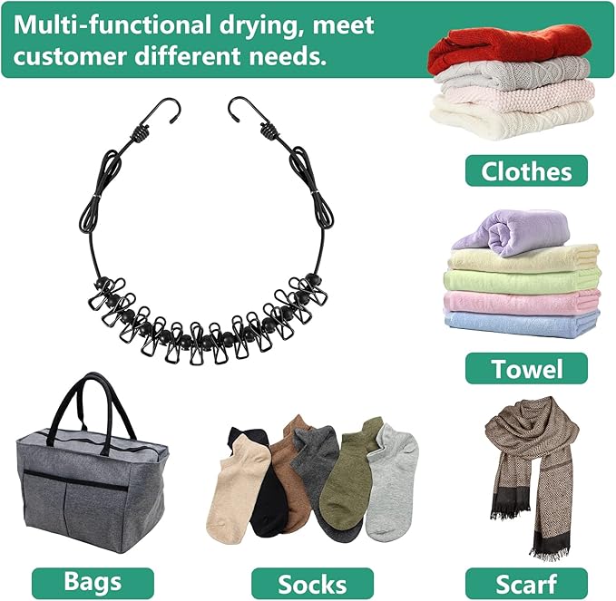 Travel Clothesline,Retractable Clothesline,Travel with Retractable Portable Clothesline (Including 2 Compressible Towels) 12 clothespins, Suitable for Indoor and Outdoor, Outdoor Camping use (Black)