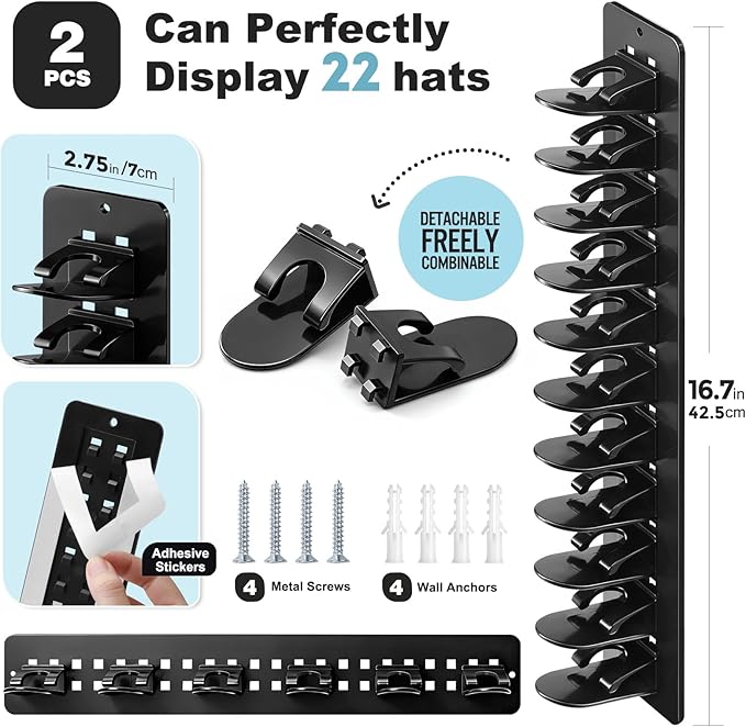 2 Pack Hat Organizer for Baseball Caps, Detachable DIY Hat Rack for Wall Hat Holder Hold up to 22 Hats, Baseball Cap Organizer Cap Holder Hat Hangers for Wall Closet Door Bedroom (C-Black)