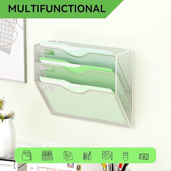 3 Pockets Hanging Wall File Organizer Mail Holder, Wall Mounted Paper Document Folder Holder, Clipboard Storage Organization Magazine Rack, Silver