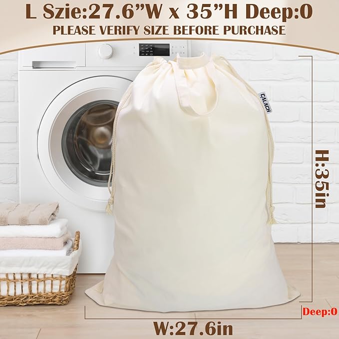 Canvas Laundry Bag with Handles & Drawstring Closure 27.5”Wx35"H, Thick Laundry Bag Large Heavy Duty Washable Dirty Clothes Travel Sack for Camp, College Dorm, Laundromat (Beige L, 2 Pack)