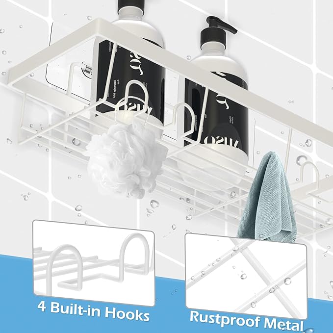 2 Pack Adhesive White Shower Caddy Organizer with Hooks, Rustproof No Drilling Wall Mounted Storage Shelf Rack for Inside Shower/Bathroom/Kitchen