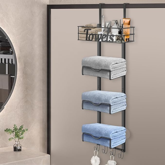 HarJue Over The Door Towel Racks, No Drill Towel Storage with Basket & Hooks, Space-Saving Multi-Functional Towel Holder for Bathrooms, bedrooms, Apartments, RVs (Matte Black)