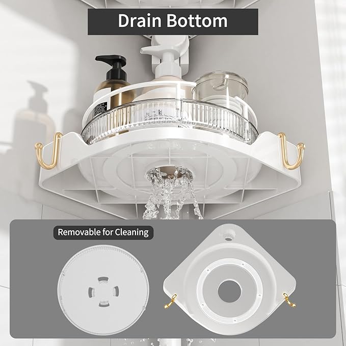 Shower Caddy Tension Pole with 4 L-Lazy Susan Organizer 360 Rotating 35-128 Inch No Drilling Floor Standing Shelves Adjustable Shower Rack for Bathroom Corner (White)