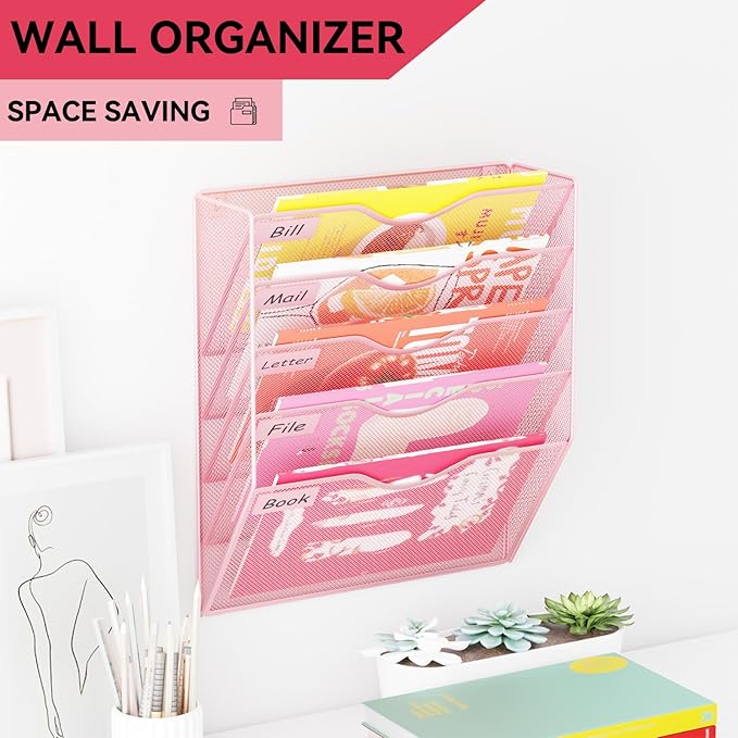 5 Pockets Hanging Wall File Organizer Mail Holder, Wall Mounted Paper Document Folder Holder, Clipboard Storage Organization Magazine Rack, Pink