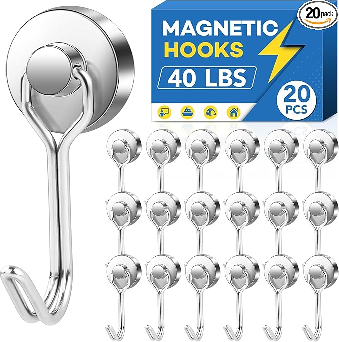 LOVIMAG Hooks, 40lbs+ Magnetic Magnet Hook 2026 Cruise Cabin Ship Essentials Heavy Duty Strong Refrigerator Fridge Hanging for Classroom Beach Vacation Kitchen Grills Home Mug Hanger (20 Pack), Silver
