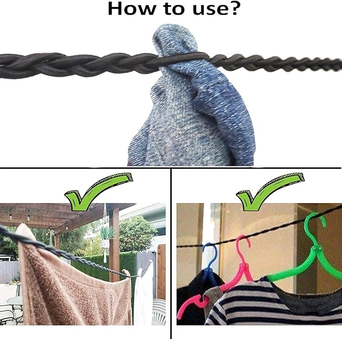 Tri-Braided Cord Clothes Line, Clothes Drying Rope Portable Travel Clothesline for Indoor Outdoor Laundry , Windproof Clothes Line, Hanger for Camping Travel & Home Use - No hanger hook needed