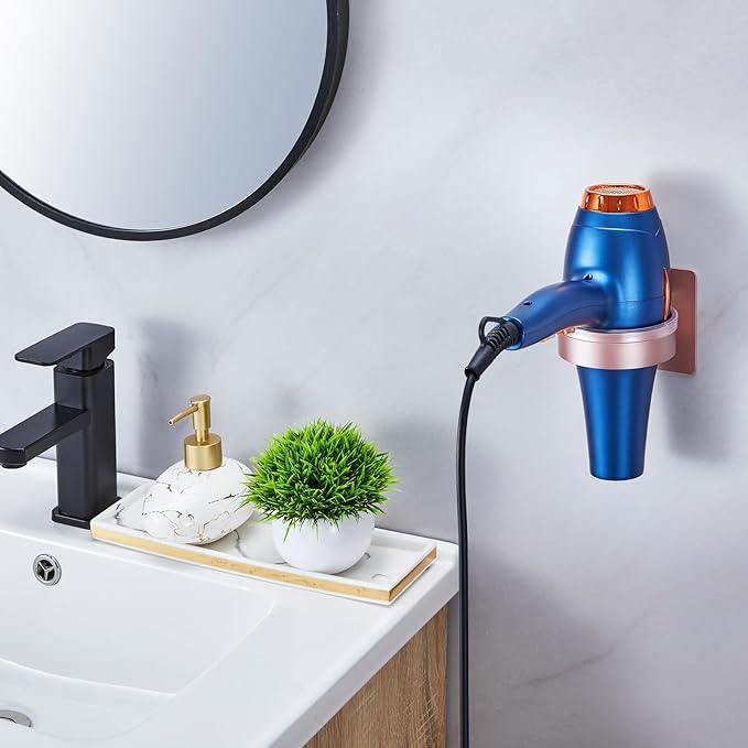 Hair Dryer Holder Wall Mounted, Blow Dryer Holder, Hair Tool Organizer for Hair Dryer Storage Hanger, Adhesive Hairdryer Holder for Bathroom Barber Shop (Rose Gold)