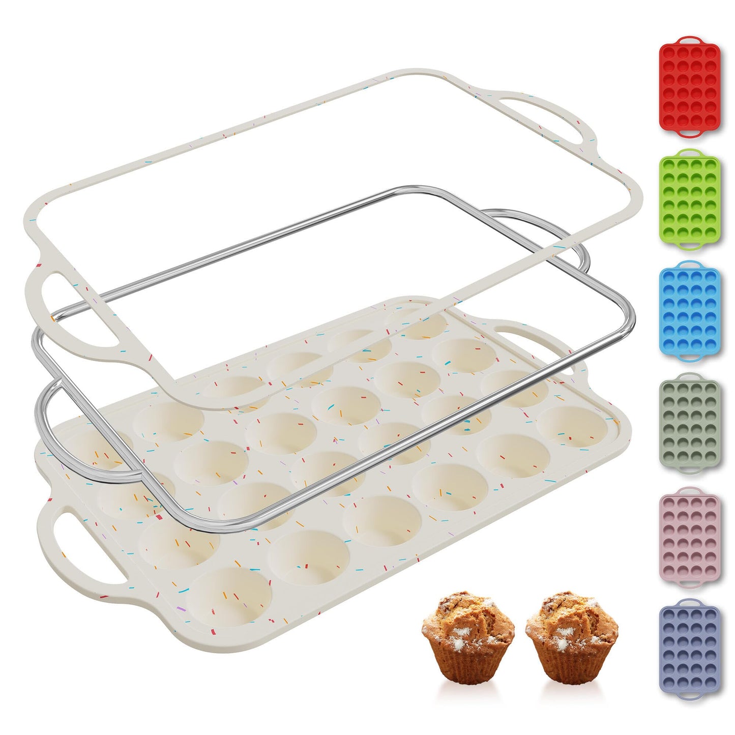 2 Packs 12 Cups Silicone Muffin Pan for Baking with Metal Reinforced Frame Regular Size Cupcake Pan Tray Chocolate Egg Pizza Bites Oven Top Cookie Molds Muffin Tin Tart Pans Sheet Set Bakeware Liner