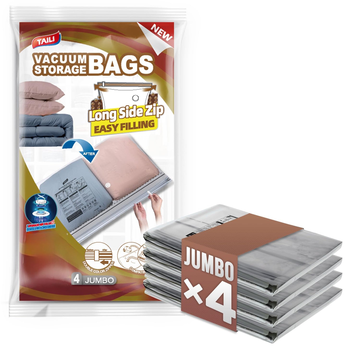 TAILI 8 Pack Vacuum Storage Bags, 2 Size Combo(4 Large+4 Jumbo), Clear