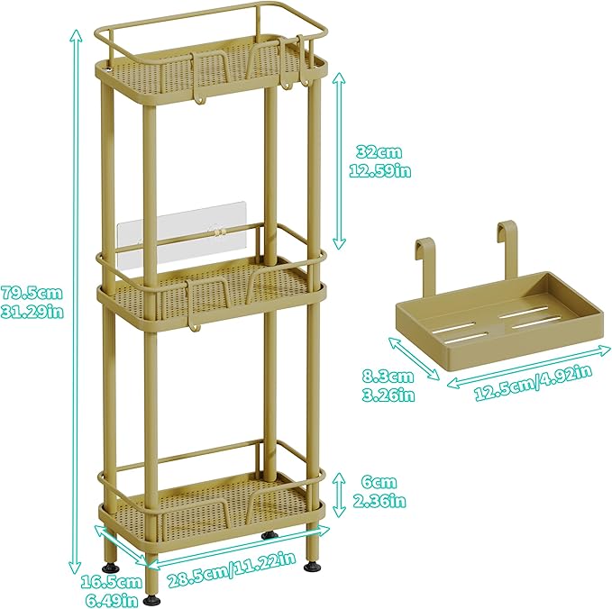 HapiRm Standing Corner Shower Caddy - 3 Tier Corner Shower Organizer with Soap Holder, Rustproof Stainless Steel Bathroom Shelf with 4 Hooks, Gold