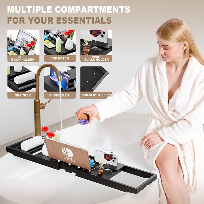 Yirilan Foldable Bathtub Caddy, Expandable Bath Tray, Unique House Warming Gifts, New Home, Anniversary and Wedding Gifts for Couple, Black-New