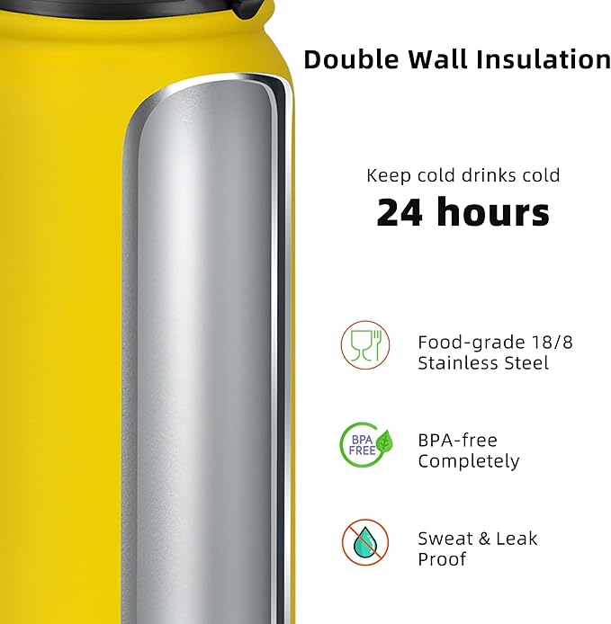 Fanhaw 20 oz Insulated Stainless Steel Water Bottle with Anti-Dust Chug Lid & Carabiner Lid, Leakproof Vacuum Metal Bottle for Kids, Women & Men (Yellow)