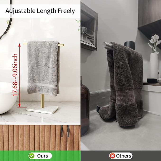 Hand Towel Holder, T-Shape Gold Hand Towel Stand for Bathroom, Towel Rack with Stainless Steel for Kitchen Vanity Countertop, Marble Base Adjustable 9.06inch -17.68inch