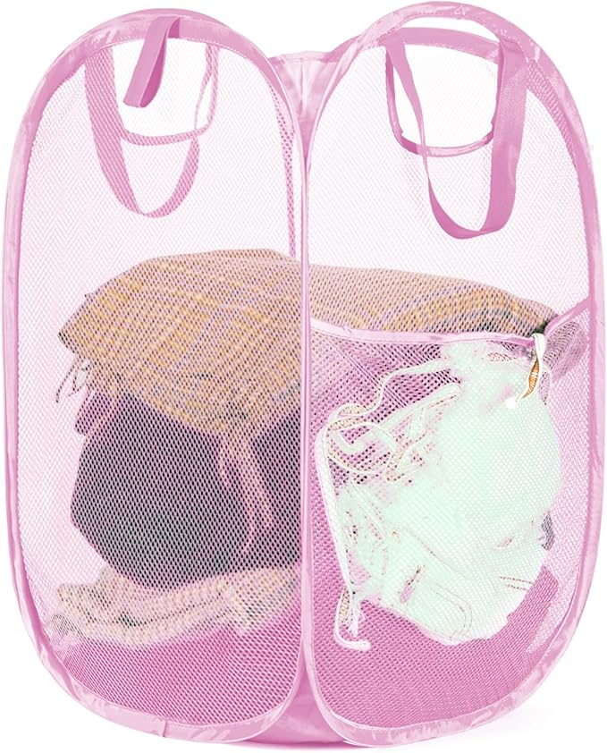 Strong Mesh Pop-up Laundry Hamper, Quality Pop Up Hampers for Laundry with Durable Handles Solid Bottom High Carbon Steel Frame, Easy to Open and Fold Flat for Storage(Light Pink)