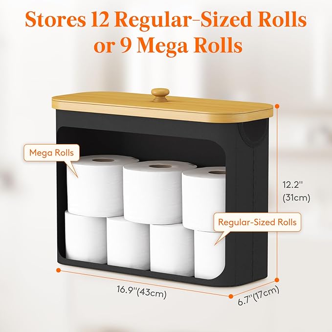 Lifewit Toilet Paper Storage Holder for 9 to 12 Rolls, Free Standing Toilet Paper Basket Stand with Bamboo Lid, Collapsible Fabric Bathroom Organizer Box for Mega Rolls, 23L, Large, White, Black