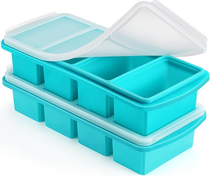 Silicone Freezer Tray with Lid - 1 Cup Silicone Food Freezers Tray - Large Ice Cube Freezer Molds - Soup, Sauce, leftovers, Homemade Meal Prep Freezing Kitchen Storage Containers - Aqua - 4-Pack