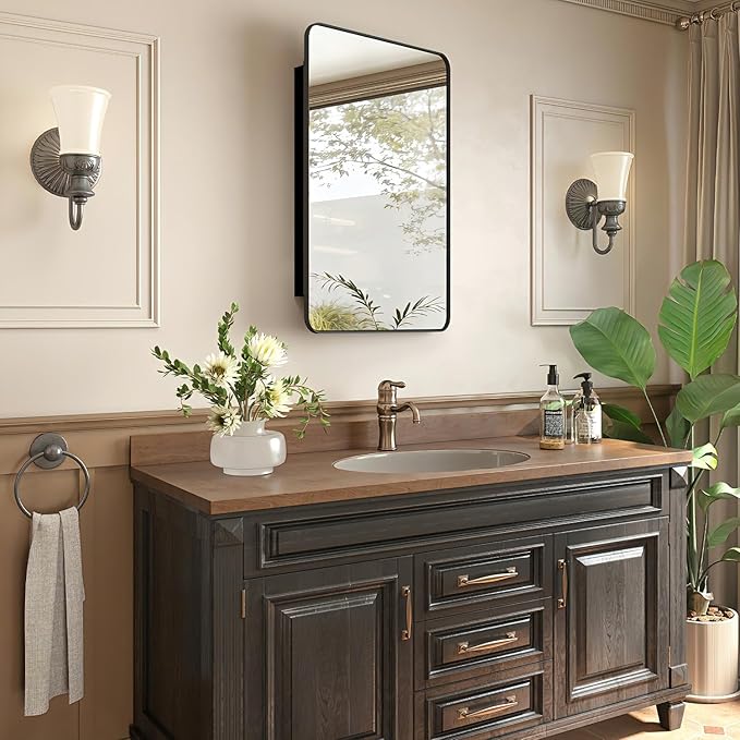 16x27.5 Medicine Cabinet with Mirror, Fully Assembled Recessed or Wall-Mounted Bathroom Mirrored Cabinet with Adjustable Storage Shelves for Vanity, Metal, Black