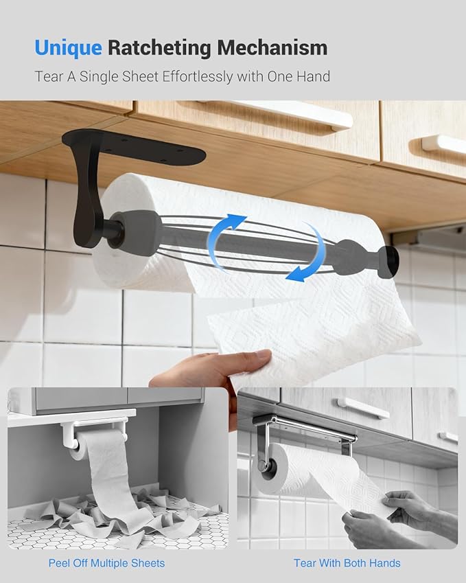 Paper Towel Holder Under Cabinet, One-Handed Tear, Wall Mount, Adhesive, Black, Paper Roll Holder with Ratchet Mechanism for Kitchen Bathroom Farmhouse Essentials Decor Accessories