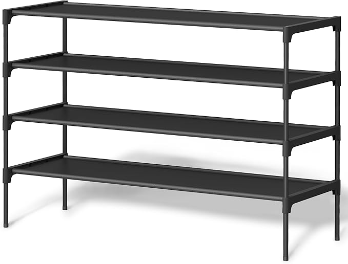 SONGMICS Shoe Rack, 4-Tier Shoe Storage Organizer, Space-Saving, 11.7 x 36.1 x 27.7 Inches, Entryway, Metal Frame, Non-Woven Fabric Shelves, Ink Black ULSH034BH01