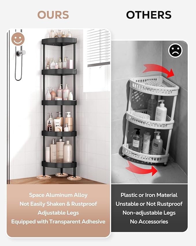 Nieifi Corner Shower Caddy Stand-5 Tier Rustproof Anodized Aluminum Standing Shower Organizer-Shower Caddy Corner-Dual Stability to Anti-Shaking-Height-Adjustable Legs for Uneven Surfaces-Black