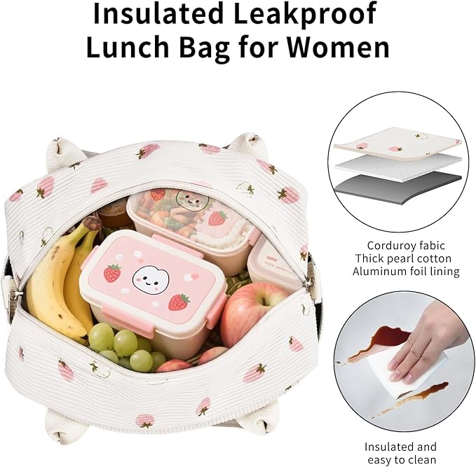 Lunch Bag Women Lunch Box for Women Adult Cute Insulated Lunch Bag Lager Cooler Lunch Tote Bags for Work Picnic (Beige-Light Strawberry)