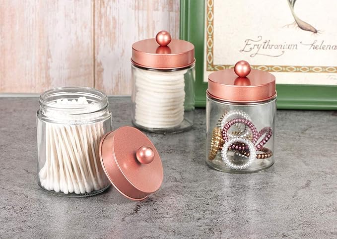 Amolliar Apothecary Jars Bathroom Storage Organizer -Countertop Storage Organizer Canister - Attractive Qtip Dispenser Holder Glass with Lid- for Cotton Swabs,Bath Salts,Hair Band / 2-Pack(Rose Gold)