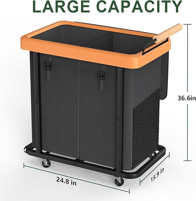 190L (50 Gal) Extra Large Fashion Laundry Hamper 2 Section with Lid, Rolling Laundry Basket Hamper with Handle, Laundry Organizer Storage Cart with Sturdy Metal Frame for Laundry Room, Hotel, black