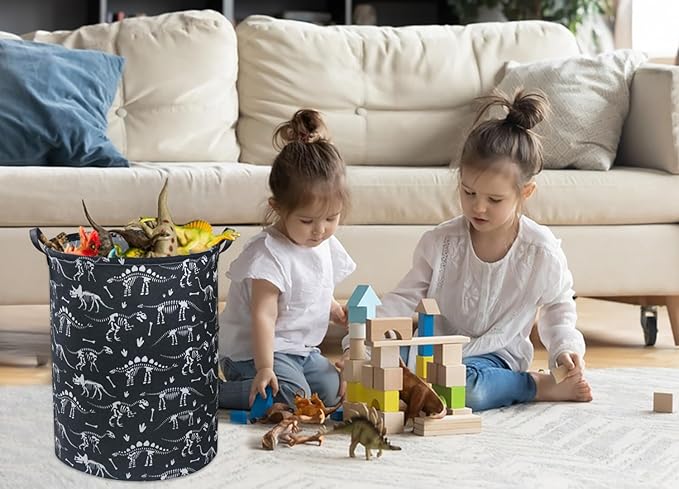 HIYAGON Dinosaur Kids Laundry Basket Kids Laundry Hamper Baby Nursery Hamper for Boys and Girls Cute Toy Storage Organizer Bins Blue Dinosaur Room Decor Gift Basket Bedroom(Black Dinosaur)