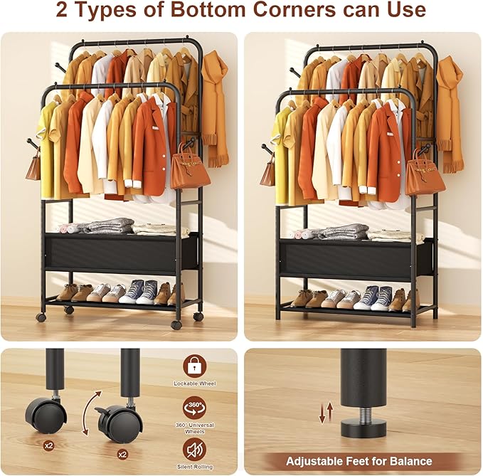 Furologee Clothing Racks for Hanging Clothes, Portable Rolling Garment Rack, Sturdy Metal Freestanding Clothes Rack with Wheels, Double Rods Wardrobe Racks for Bedroom Laundry Living Room