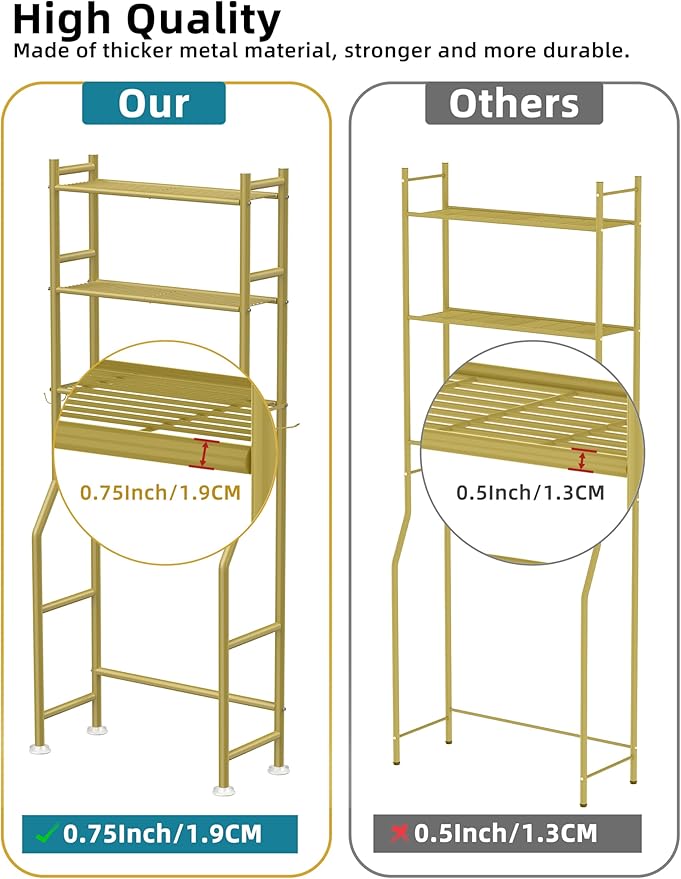 3-Tier Over The Toilet Storage, Freestanding Metal Bathroom Shelves with 4 Hooks, Over Toilet Storage Shelf with Paper Holder, Above The Toilet Shelf for Bathroom Storage, Gold